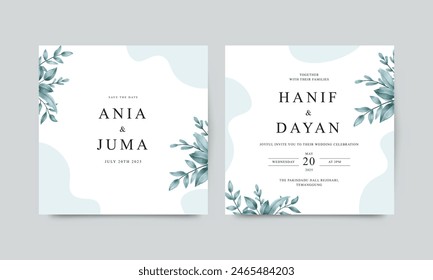 Wedding invitation card with watercolor leaves