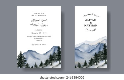 Wedding Invitation Card with Watercolor Mountain Forest Landscape Illustration