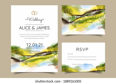 wedding invitation card, watercolor mountains