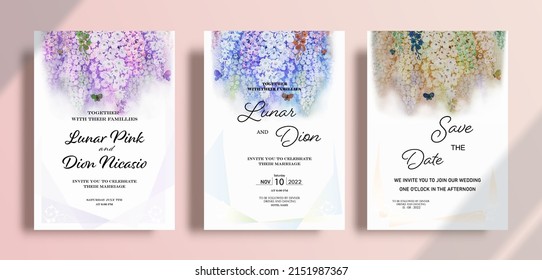 Wedding invitation card watercolor paintings vintage frame set orchid isolated on pink background. Painting colorful orchid flowers. Vector floral hand drawn watercolor paintings style.