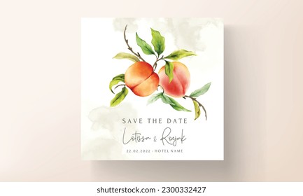 wedding invitation card with watercolor peach fruit and green leaves hand drawn