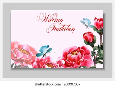 Wedding invitation card with a watercolor peonies and with butterflies. (Use for Boarding Pass, invitations, thank you card.) Vector illustration.