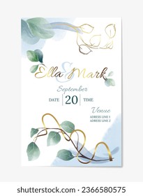 Wedding invitation card. Watercolor template with green plant leaves, organic decor, twigs, editable text and bride and groom names. Cartoon flat vector illustration isolated on white background