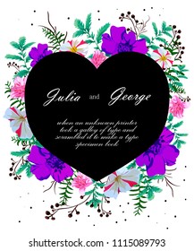 Wedding invitation card. We invite you to design. the composition of colors with colored elements on a white background. vector illustration. green leaves, the color of the frame. black heart