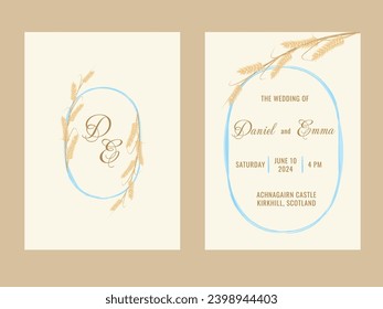 Einladungskarte für Hochzeiten mit Weizen im rustikalen Stil, Vorlagendesign mit Aquarell