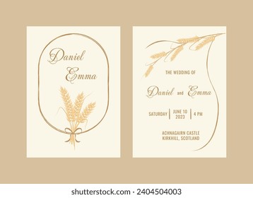 Wedding invitation card with wheat in rustic style, template design with watercolor, warm color