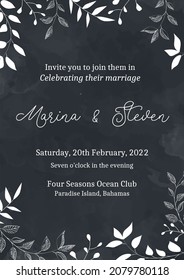 Wedding invitation card with white flowers on black background