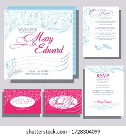 Einladungskarte für Hochzeiten mit Weiß
einfache stilisierte Blumen. RSVP-Karte. Menüdesign