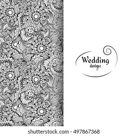 Wedding invitation card with white space and ornamental doodle pattern. Vector illustration