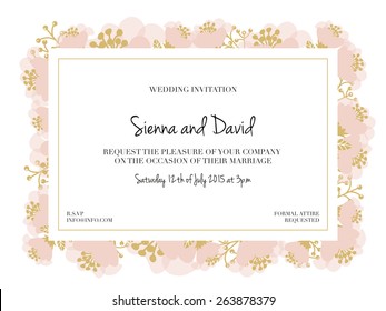 Wedding Invitation Card With A White Surface, A Gold Frame And Decorated With Pink Flowers On White Background.