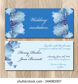 Wedding invitation card with winter frozen glass design. Printable backgrounds set. Wedding invitation design template. Blue horizontal design. Vector illustration. 