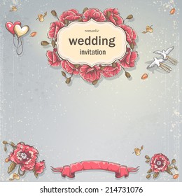 Wedding invitation card for your text on a gray background with poppies, balloons and pigeons