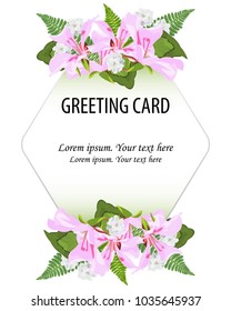 Wedding invitation card,greeting card vector floral greenery design.Pink,white flowers of pelargonium,ptarmica branch green leaves fern,decorative frame.Blank sheet,copy text.Watercolor illustration 