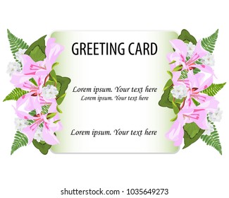 Wedding invitation card,greeting card vector floral greenery design.Pink,white flowers of pelargonium,ptarmica branch green leaves fern,decorative frame.Blank sheet,copy text.Watercolor illustration