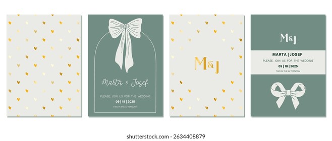 Wedding invitation cards arranged with bows and golden hearts. Modern minimalistic cards set. Romantic designs in emerald green and gold colors.