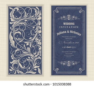 Wedding invitation cards  baroque style blue and beige. Vintage  Pattern. Retro Victorian ornament. Frame with flowers elements. Vector illustration.