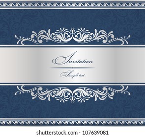 Wedding Invitation Cards Baroque Style Blue And Silver . Vintage Pattern. Retro Victorian Ornament. Frame With Flowers Elements. Vector Illustration.