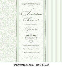 Wedding invitation cards baroque style Green and Beige. Vintage Pattern. Damascus style ornament. Frame with flowers elements. Vector illustration.