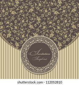 Wedding invitation cards baroque style brown and gold. Vintage Pattern. Damascus style ornament. Frame with flowers elements. Vector illustration.