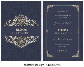 Wedding invitation cards  baroque style blue and gold. Vintage  Pattern. Retro Victorian ornament. Frame with flowers elements. Vector illustration.