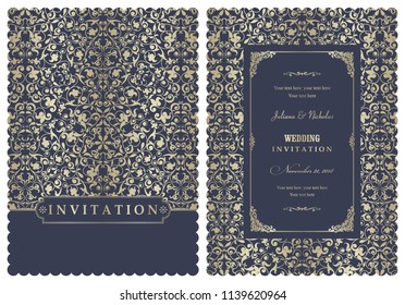 Wedding invitation cards  baroque style blue and gold. Vintage  Pattern. Retro Victorian ornament. Frame with flowers elements. Vector illustration.