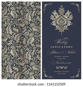 Wedding invitation cards  baroque style blue and gold. Vintage  Pattern. Retro Victorian ornament. Frame with flowers elements. Vector illustration.