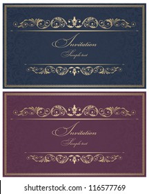 Wedding invitation cards baroque style vinous, blue and gold. Vintage Pattern. Retro Victorian ornament. Frame with flowers elements. Vector illustration.