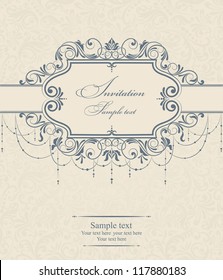 Wedding invitation cards baroque style blue and beige. Vintage Pattern. Retro Victorian ornament. Frame with flowers elements. Vector illustration.