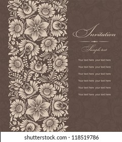 Wedding invitation cards baroque style brown and beige. Vintage Pattern. Damascus style ornament. Frame with flowers elements. Vector illustration.