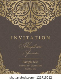 Wedding invitation cards baroque style brown and gold. Vintage Pattern. Damascus style ornament. Frame with flowers elements. Vector illustration.