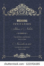 Wedding invitation cards  baroque style blue and gold. Vintage  Pattern. Retro Victorian ornament. Frame with flowers elements. Vector illustration.