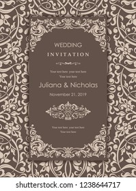 Wedding invitation cards  baroque style brown and beige. Vintage  Pattern. Retro Victorian ornament. Frame with flowers elements. Vector illustration.