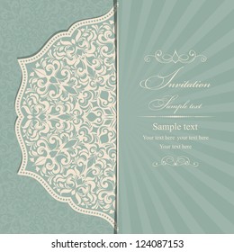 Wedding invitation cards baroque style green and beige. Vintage Pattern. Damascus style ornament. Frame with flowers elements. Vector illustration.