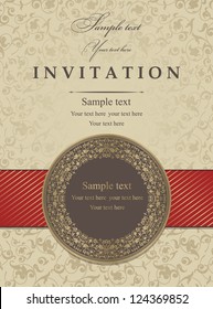 Wedding invitation cards baroque style brown and gold. Vintage Pattern. Damascus style ornament. Frame with flowers elements. Vector illustration.