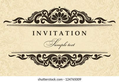 Wedding invitation cards baroque style brown and gold. Vintage Pattern. Damascus style ornament. Frame with flowers elements. Vector illustration.