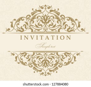 Wedding invitation cards baroque style gold and beige. Vintage Pattern. Damascus style ornament. Frame with flowers elements. Vector illustration.