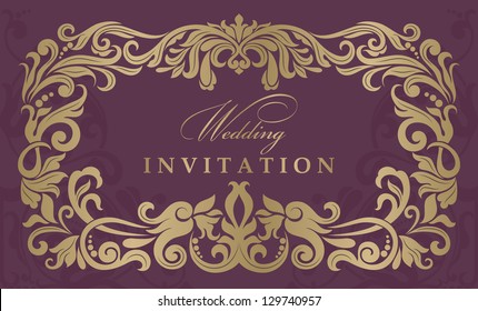 Wedding invitation cards baroque style gold and burgundy. Vintage Pattern. Damascus style ornament. Frame with flowers elements. Vector illustration.