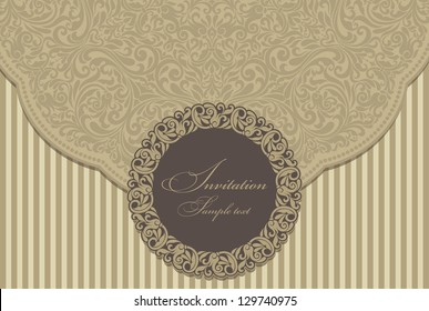 Wedding invitation cards baroque style brown and gold. Vintage Pattern. Damascus style ornament. Frame with flowers elements. Vector illustration.