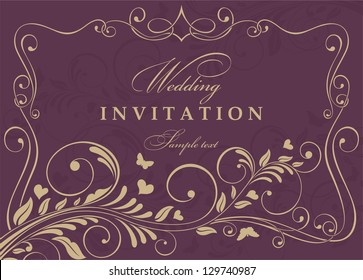 Wedding invitation cards baroque style gold and burgundy. Vintage Pattern. Damascus style ornament. Frame with flowers elements. Vector illustration.