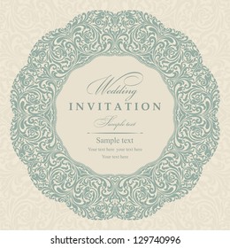 Wedding invitation cards baroque style green and beige. Vintage Pattern. Damascus style ornament. Frame with flowers elements. Vector illustration.