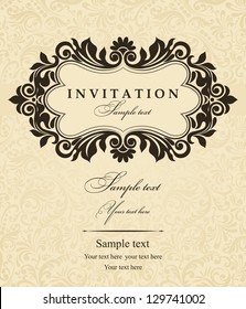 Wedding invitation cards baroque style brown and gold. Vintage Pattern. Damascus style ornament. Frame with flowers elements. Vector illustration.