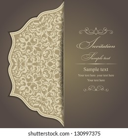 Wedding invitation cards baroque style brown and gold. Vintage Pattern. Damascus style ornament. Frame with flowers elements. Vector illustration.