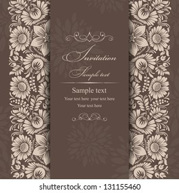 Wedding invitation cards baroque style brown and beige. Vintage Pattern. Damascus style ornament. Frame with flowers elements. Vector illustration.