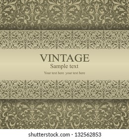 Wedding invitation cards baroque style green and beige. Vintage Pattern. Damascus style ornament. Frame with flowers elements. Vector illustration.