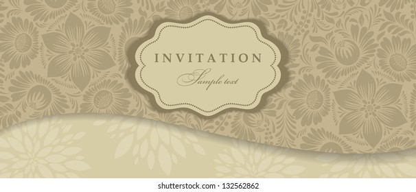 Wedding invitation cards baroque style brown and beige. Envelope for money. Vintage Pattern. Damascus style ornament. Frame with flowers elements. Vector illustration.