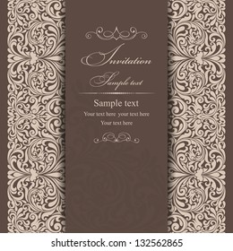 Wedding invitation cards baroque style brown and beige. Vintage Pattern. Damascus style ornament. Frame with flowers elements. Vector illustration.