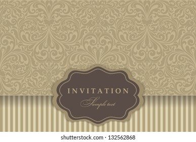 Wedding invitation cards baroque style brown and gold. Vintage Pattern. Damascus style ornament. Frame with flowers elements. Vector illustration.