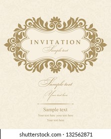 Wedding invitation cards baroque style gold and beige. Vintage Pattern. Damascus style ornament. Frame with flowers elements. Vector illustration.