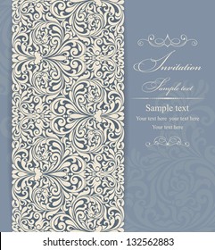 Wedding invitation cards baroque style blue and beige. Vintage Pattern. Damascus style ornament. Frame with flowers elements. Vector illustration.