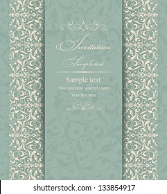 Wedding invitation cards baroque style green and beige. Vintage Pattern. Damascus style ornament. Frame with flowers elements. Vector illustration.